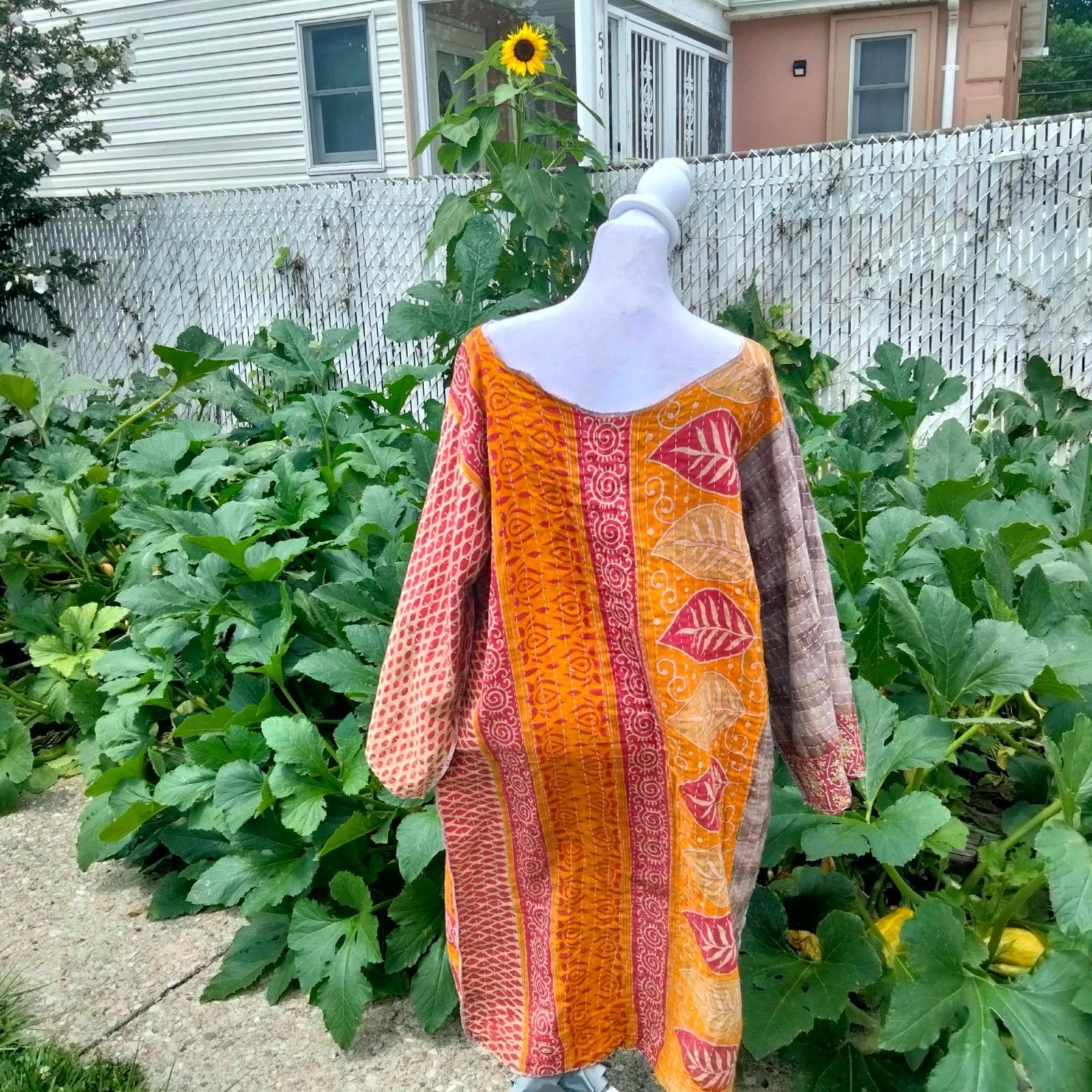 Handmade KANTHA Lounge Tunic Style Dress Free Size Boho Green Sunflower Print