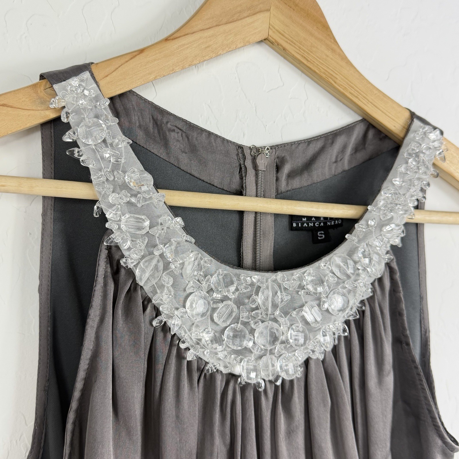 Bianca Nero Silk Shift Dress Gray Beaded Neck Sleeveless Sheer Overlay Size S