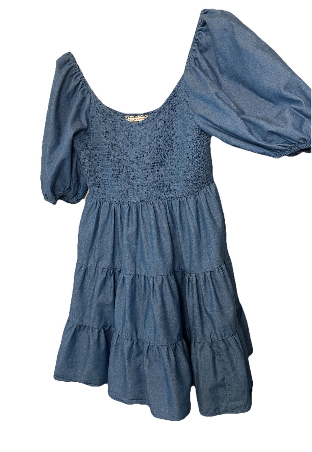 A. Calin by flying tomato Dress LARGE Short Balloon Sleeve Smocking Tiered Blue