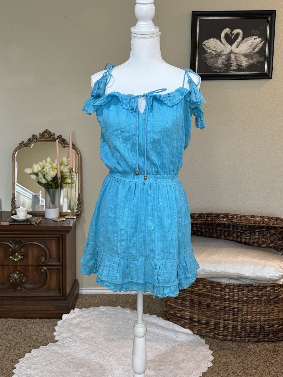 Karina Grimaldi Blue Tassel summer Mini Dress Medium Ruffle Metallic Resort