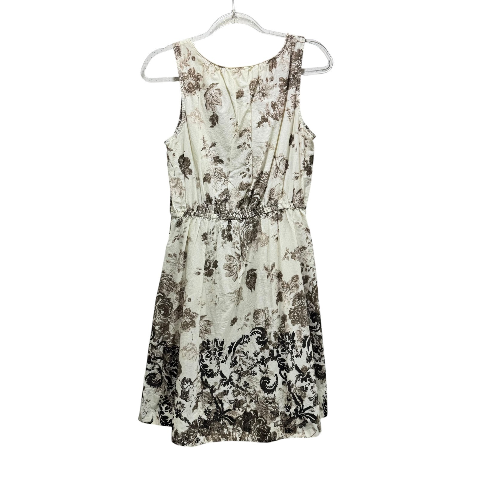 Lands End Canvas Coastal 100% Cotton Toile Floral Shabby Fit Flare Dress 6 Ivory