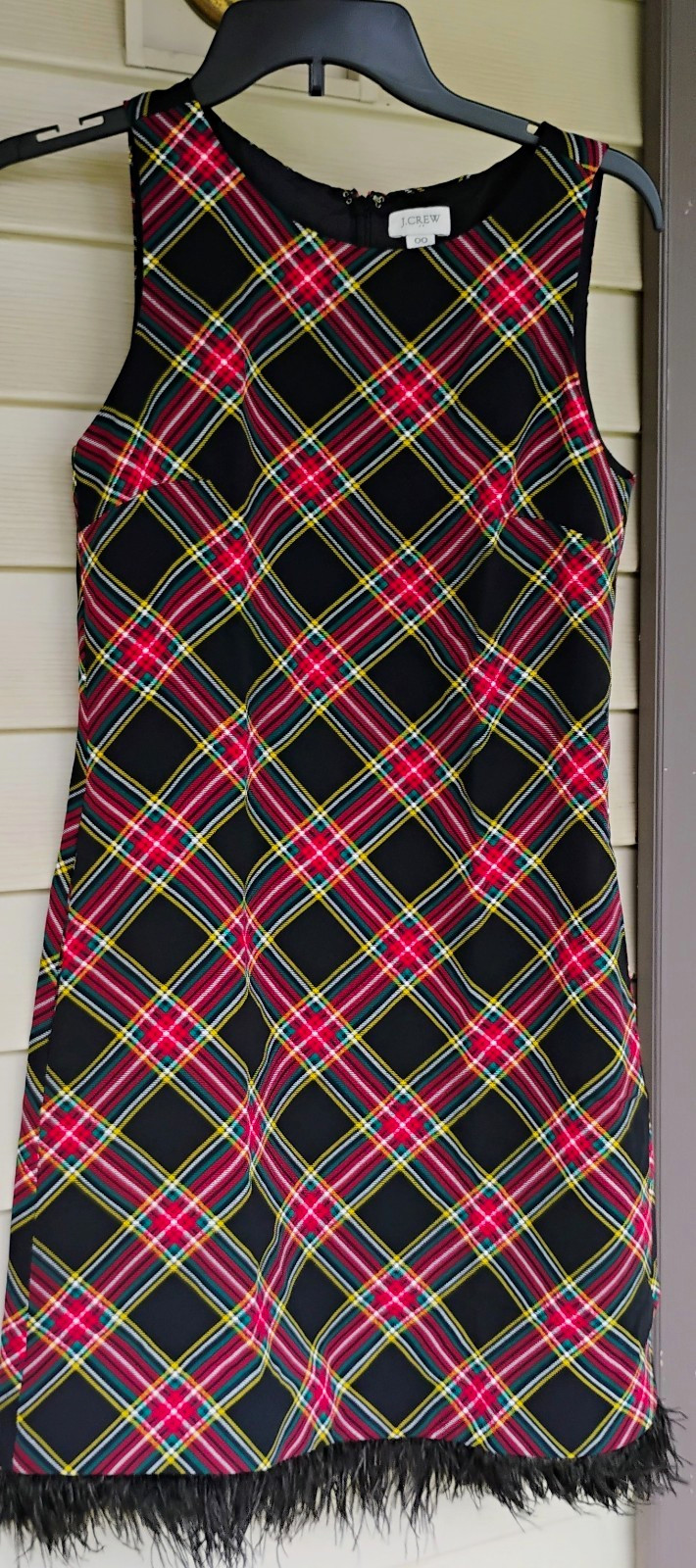J.CREW Plaid Shift Knee Dress Black Red Feather Hem Zip Sleeveless 00