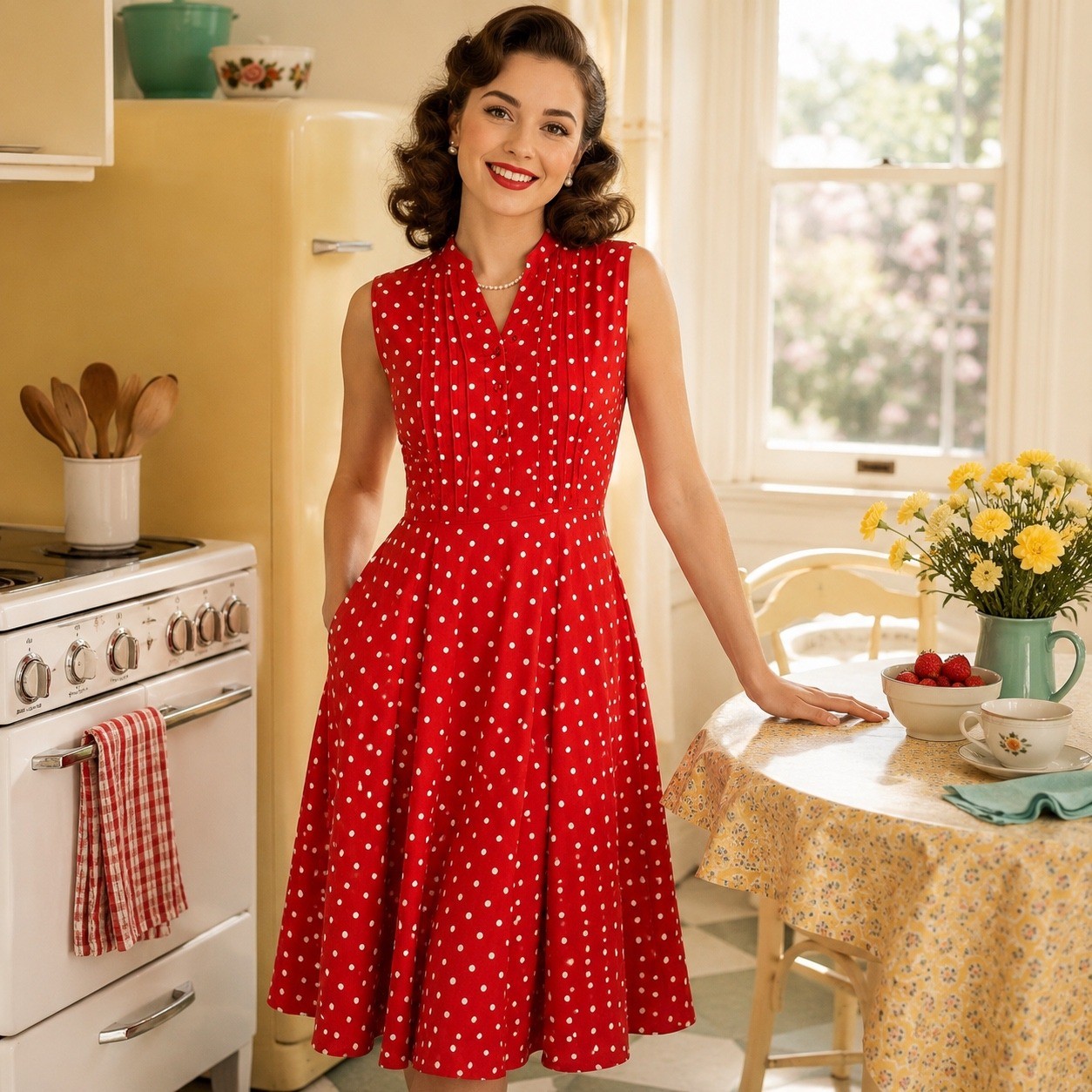 Nanette Lepore Red Polka Dot Dress Size 6 Retro Vintage Style Midi