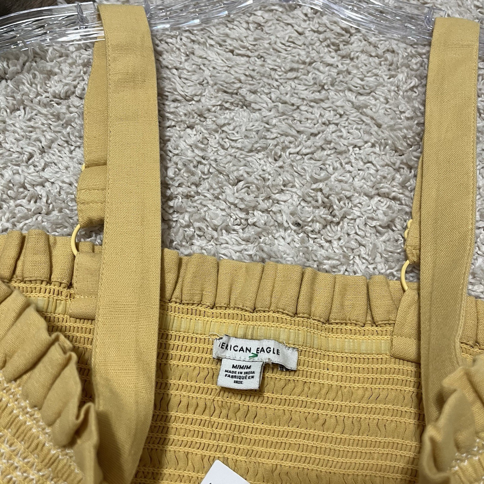 American Eagle Mustard Yellow Smocked Embroidered Ruffle Hem Mini Dress NWT