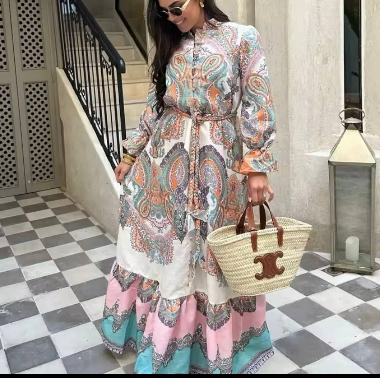 Women Casual Chic Printed Breasted Dress Stand Collar Elegant Vacation…