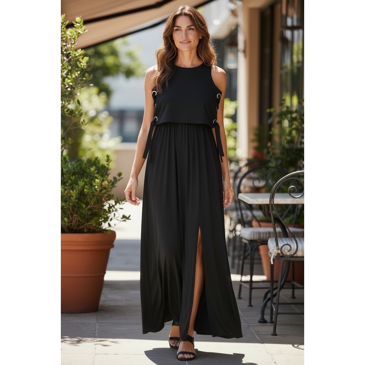 NWT Michael Kors Black Sleeveless Maxi Dress Lace Up Side Detail Size M $140