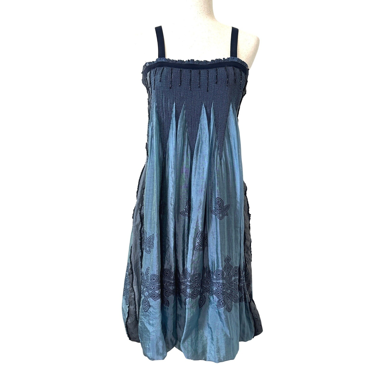 Boho Festival Bubble Hem Dress Iridescent Blue Smocked Fairy Grunge Midi M L Y2K