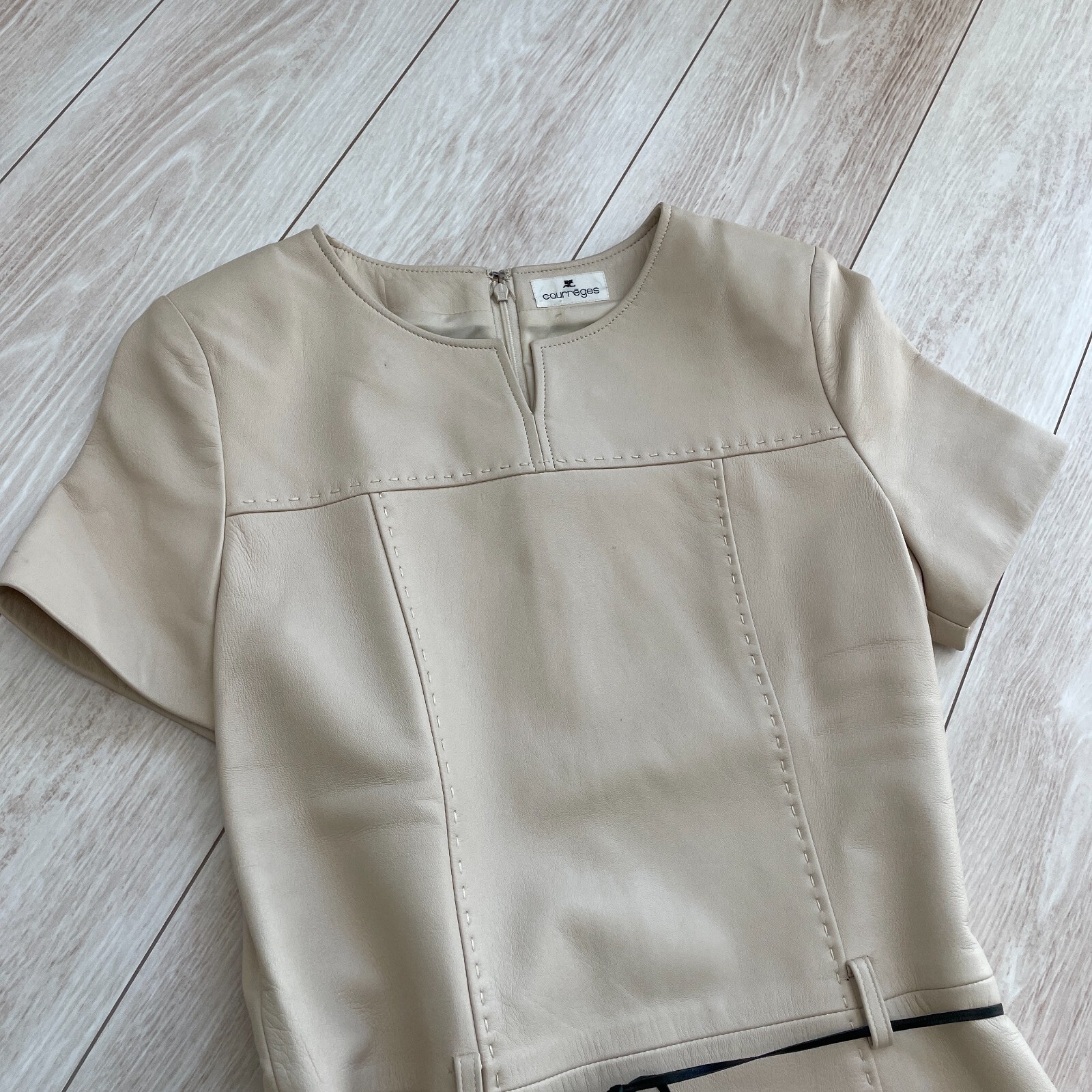 Courreges Sheepskin Lamb Leather Dress Beige Zip Woman Size L US/S-M Japan Rare