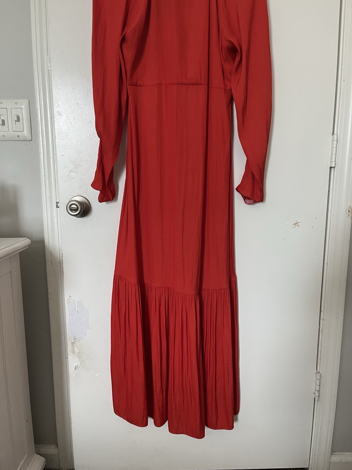 Banana Republic Red Solid V-Neck Pleated Bishop Long Sleeve Maxi Dress 6