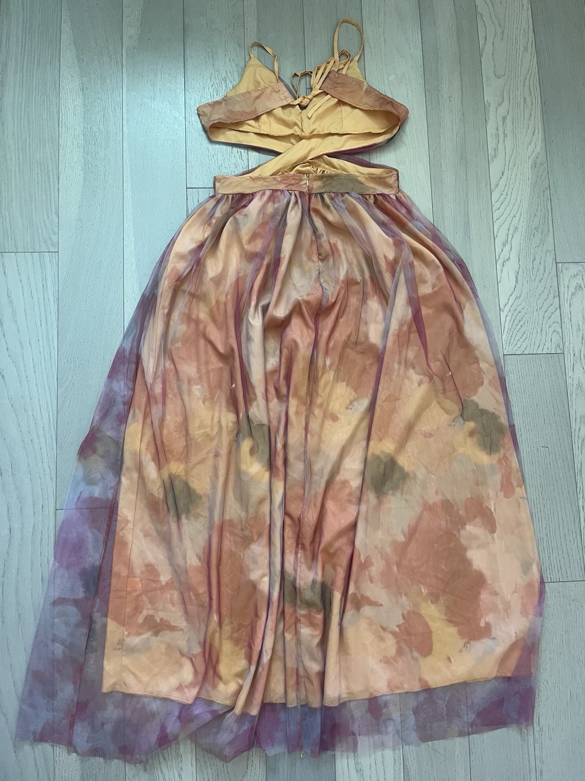 Women’s Floral V-Neck Spaghetti Strap Tulle Overlay Lined Midi Dress L