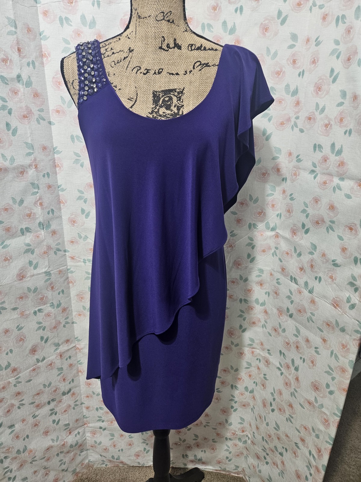 BETSY & ADAM, WOMEN’S PURPLE POLY BL SLEEVELESS/RUFFLE BEADED/STUDDED DRESS SZ 4