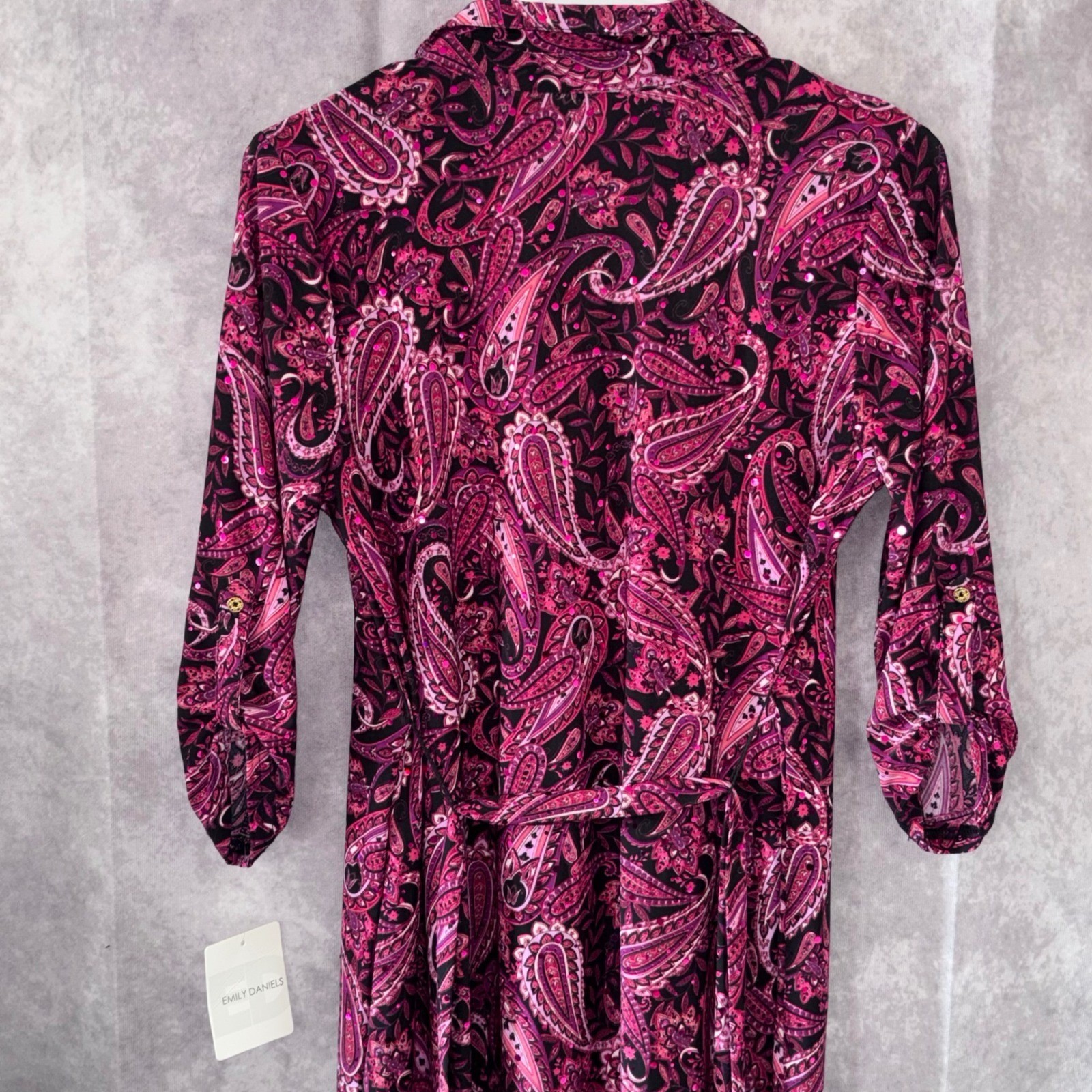 NWT Emily Daniels Petite Small Pink Paisley Sequin Button Front Shirt Dress