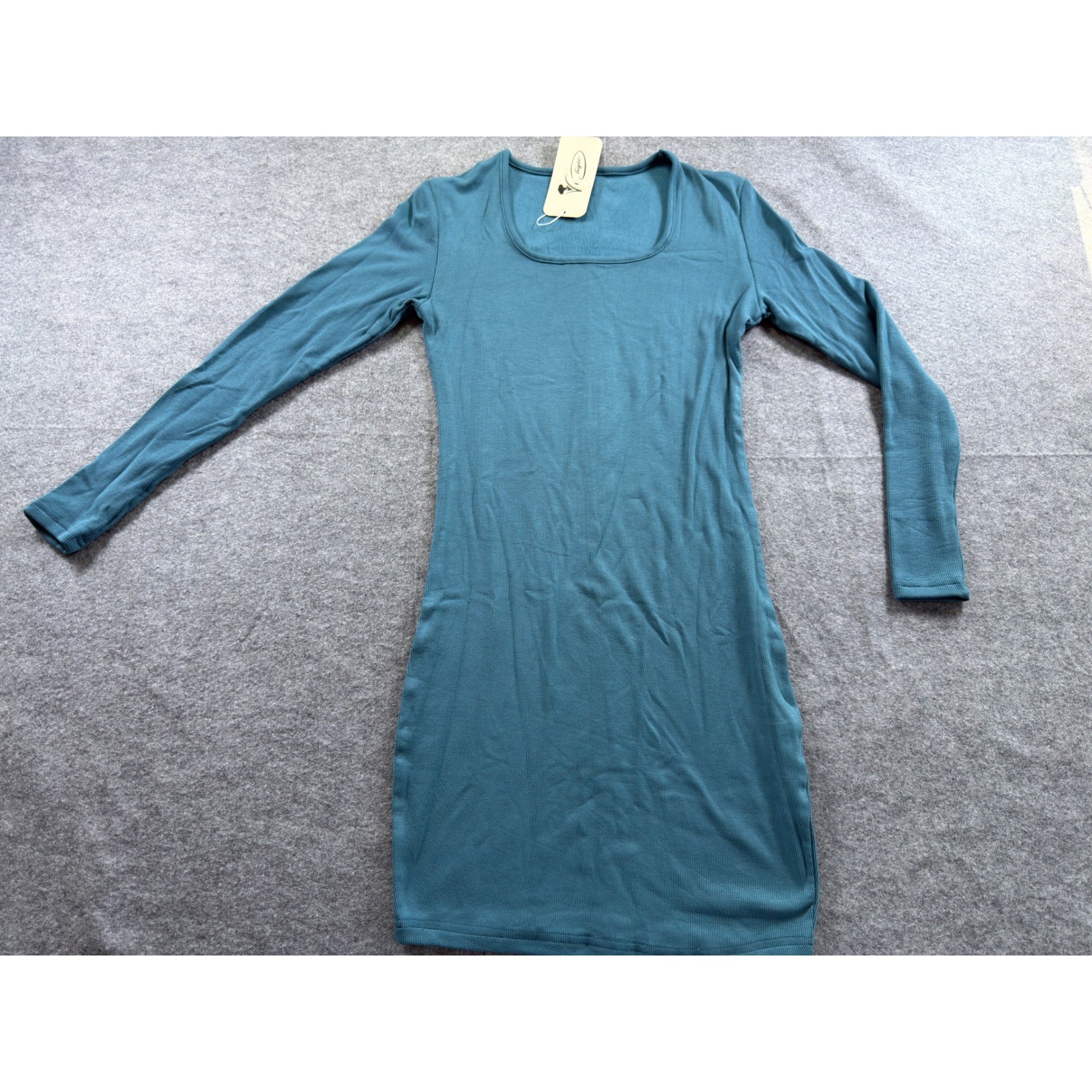 Vichyie Ribbed Bodycon Mini Dress Size S Teal Blue Long Sleeve Square Neck