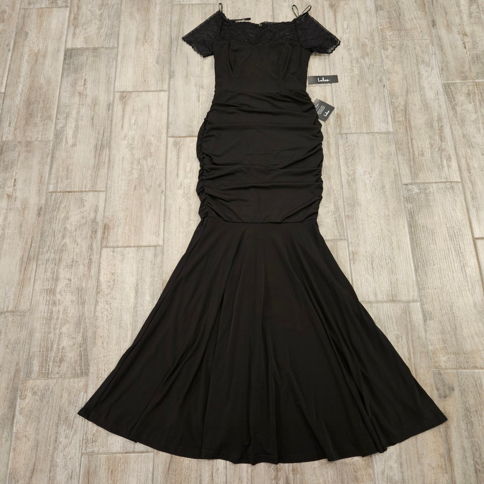 Lulus Dress Womens Size XS Any Given Moment Black Ruched Mermaid Maxi Gown NEW