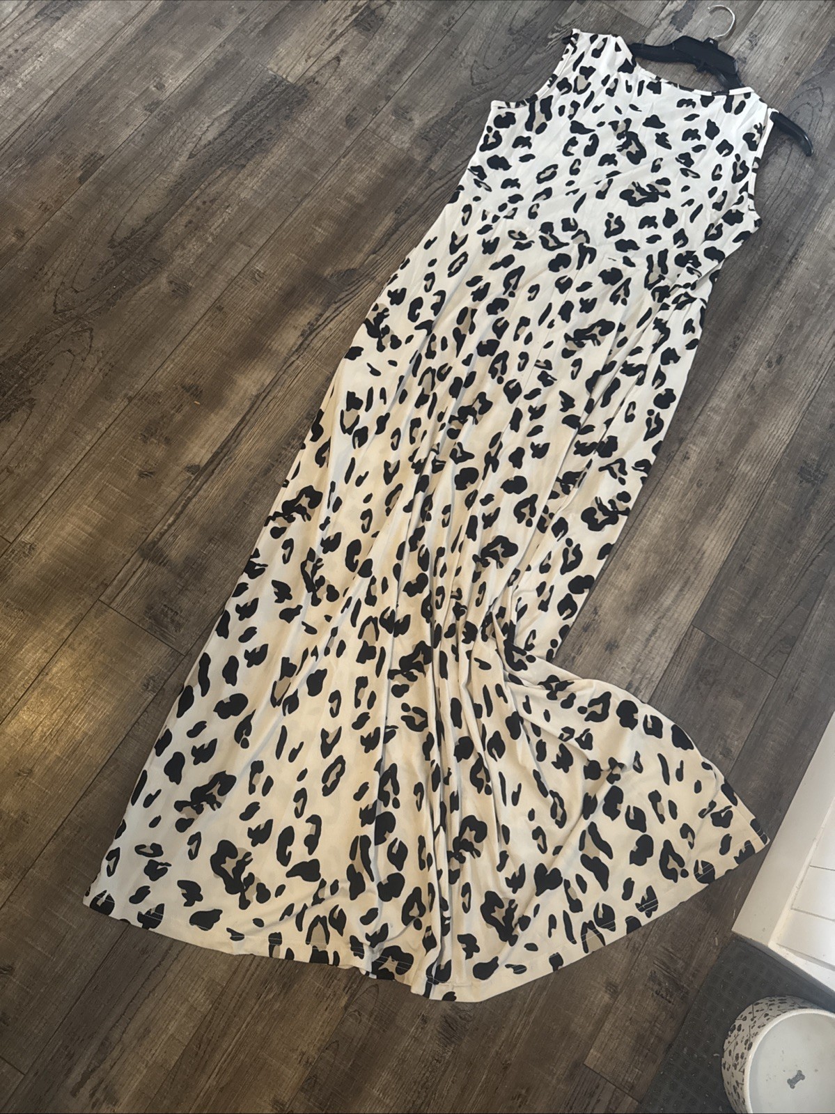 Tickled Teal Maxi Leopard Print Dress Sleeveless XL Tan Blk Trendy Soft Knit