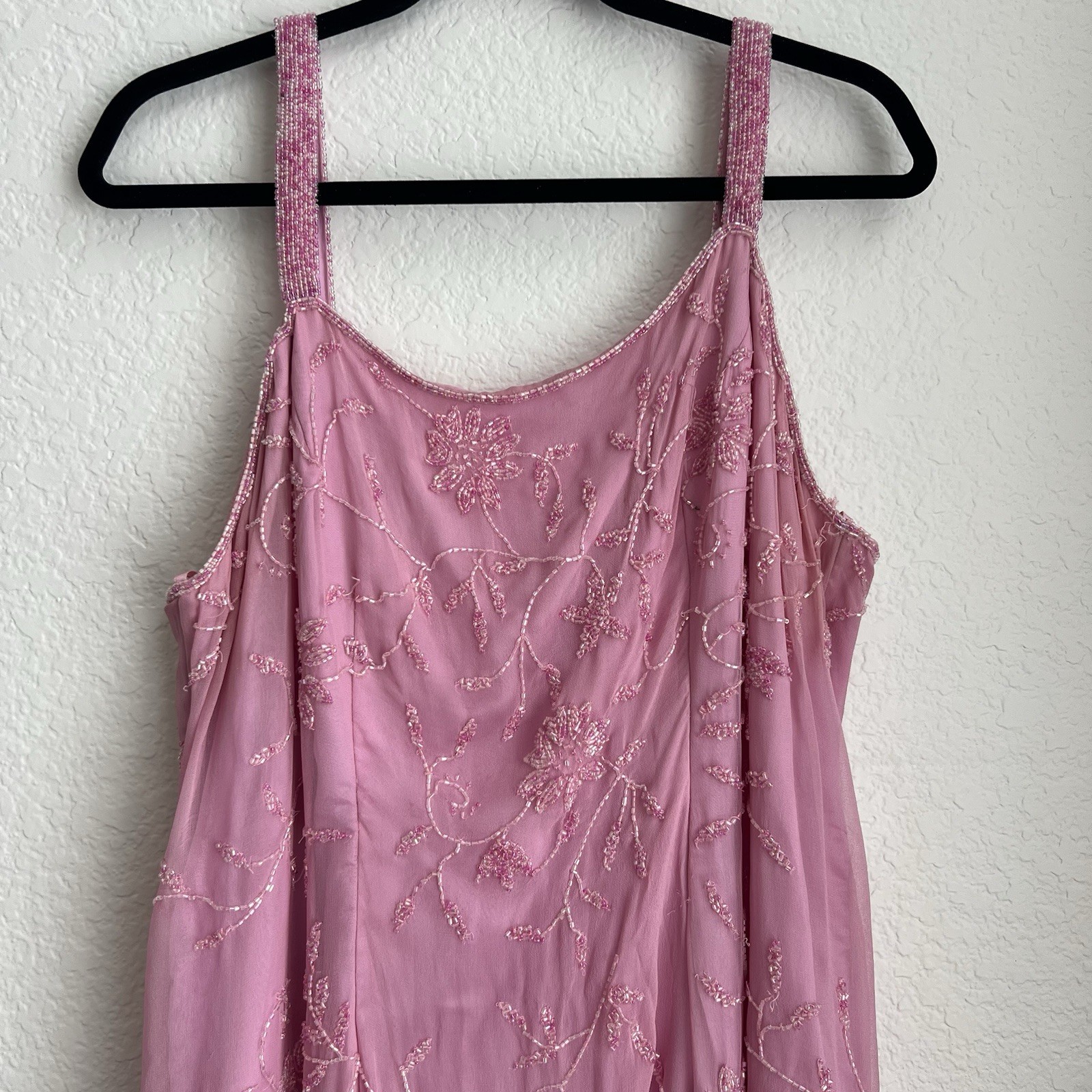 Scala bubblegum Pink Beaded Embroidered Chiffon Floral Long Gown Dress Womens 3X