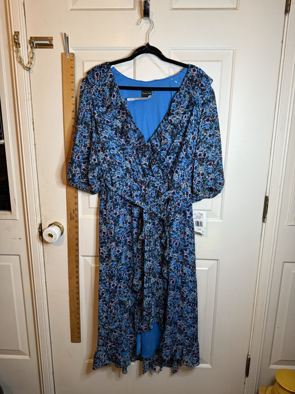 Maison Tara Blue Black Pink Multi Floral Print Dress Flowy Wrap-like Asymmetric