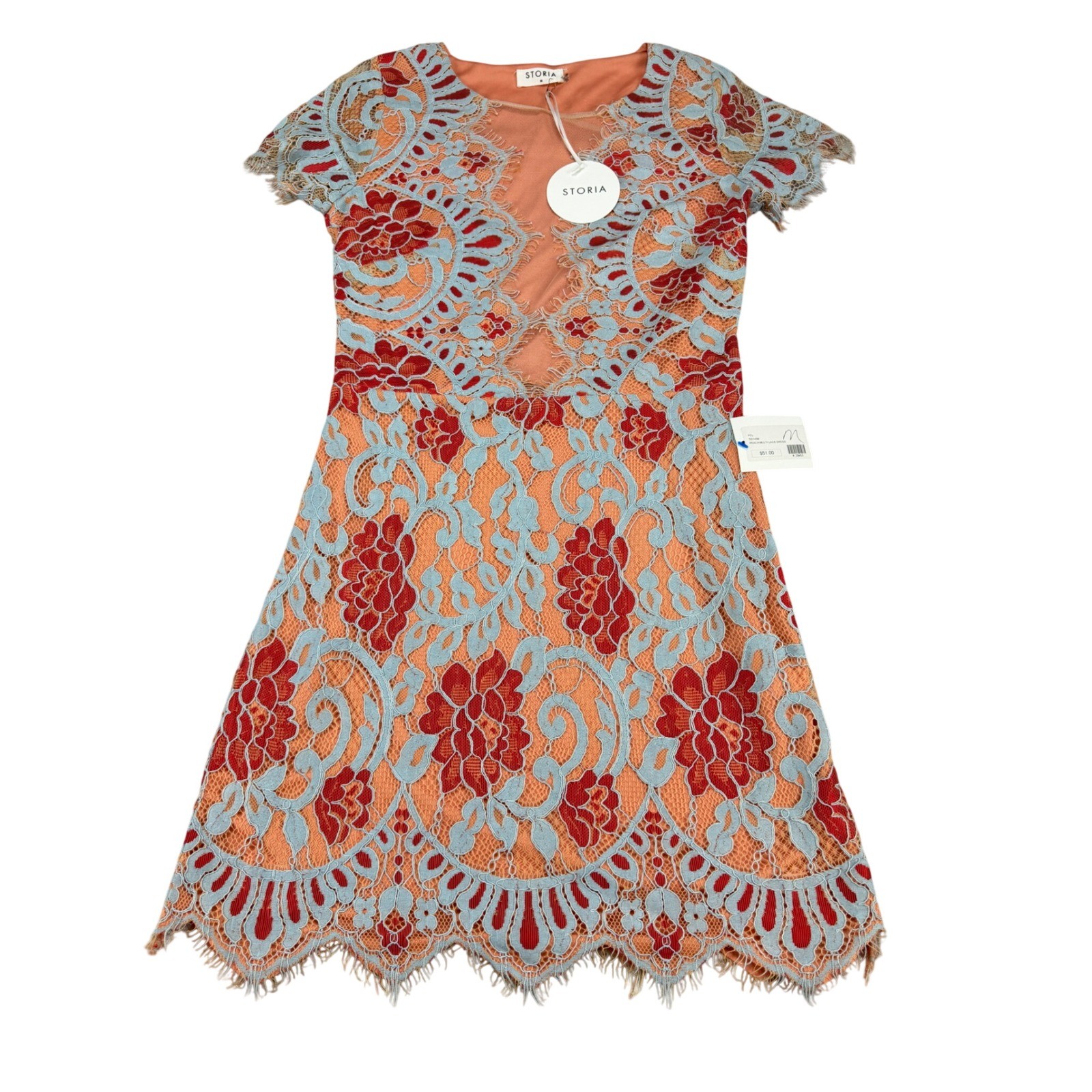 Storia Peach Multi Lace Dress S Red Blue Floral Eyelash Mini Dress Womens