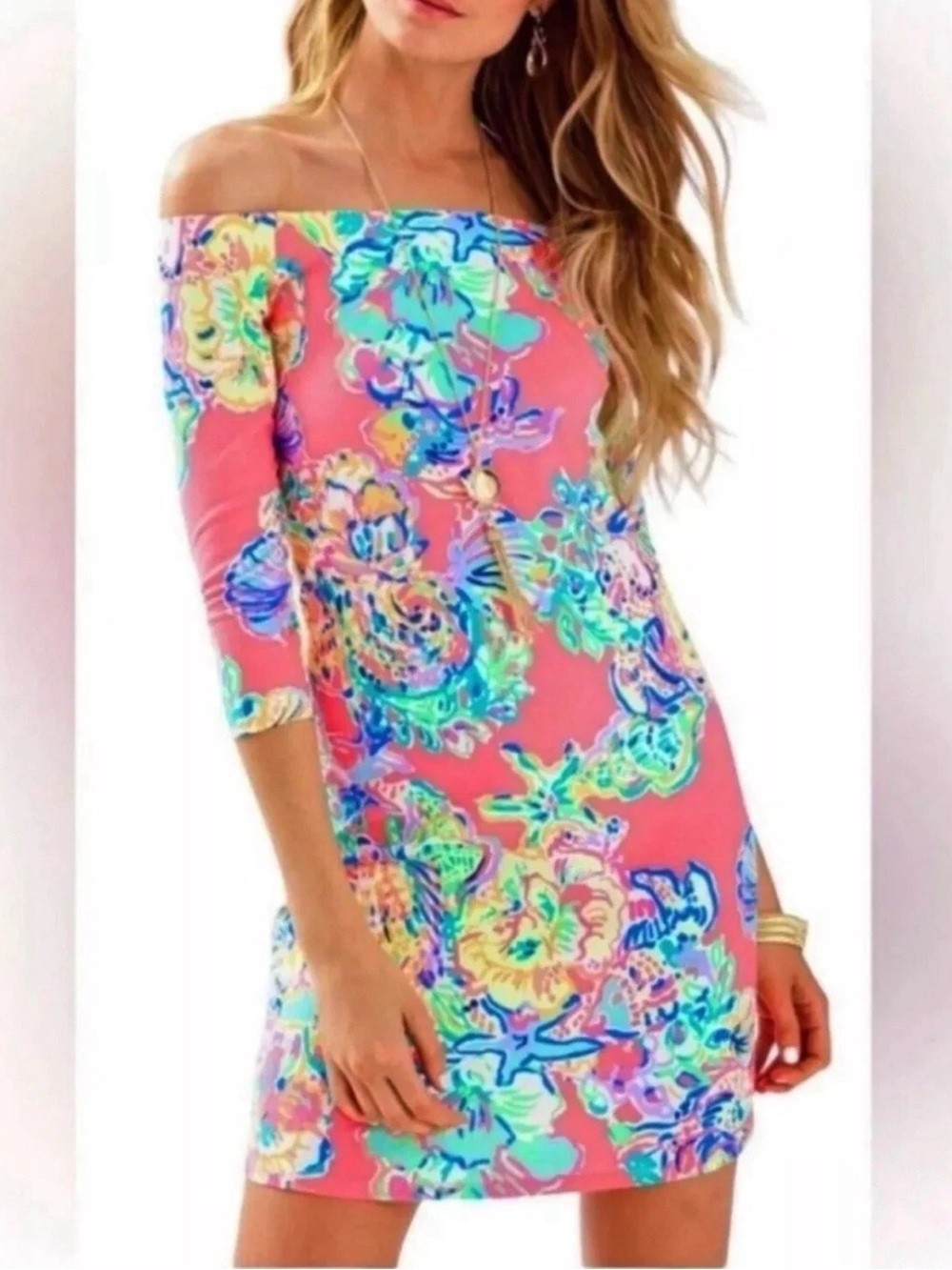 Lilly Pulitzer Laurana Off The Shoulder Dress Coral Reef Island Sea print L
