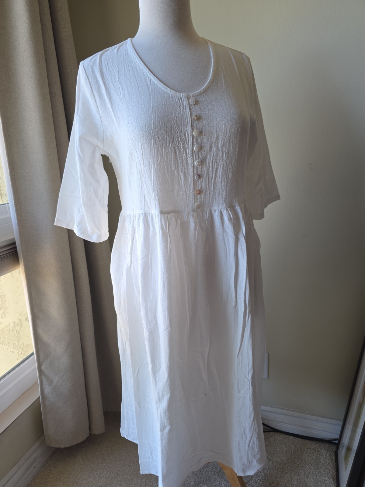 Linen Dress Elbow Length Sleeve M In White