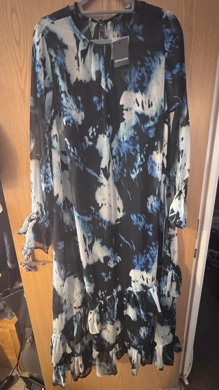 New J D Williams smart chiffon ruffle dress blue black lined size 18