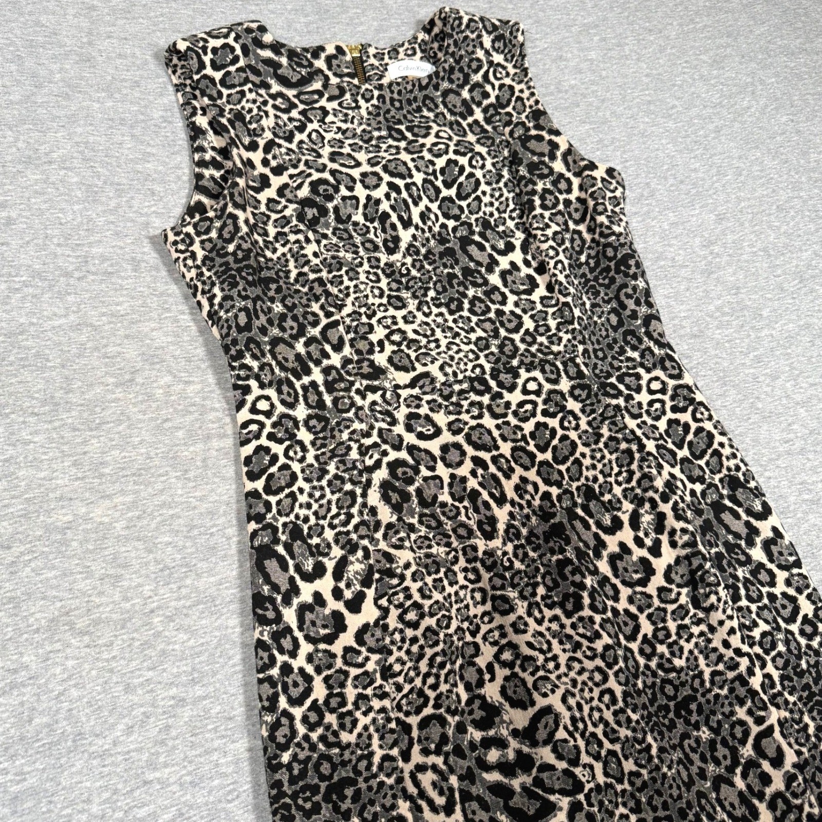 Calvin Klein Womens Leopard Print Sleeveless Sheath Dress Tan Black Size 6