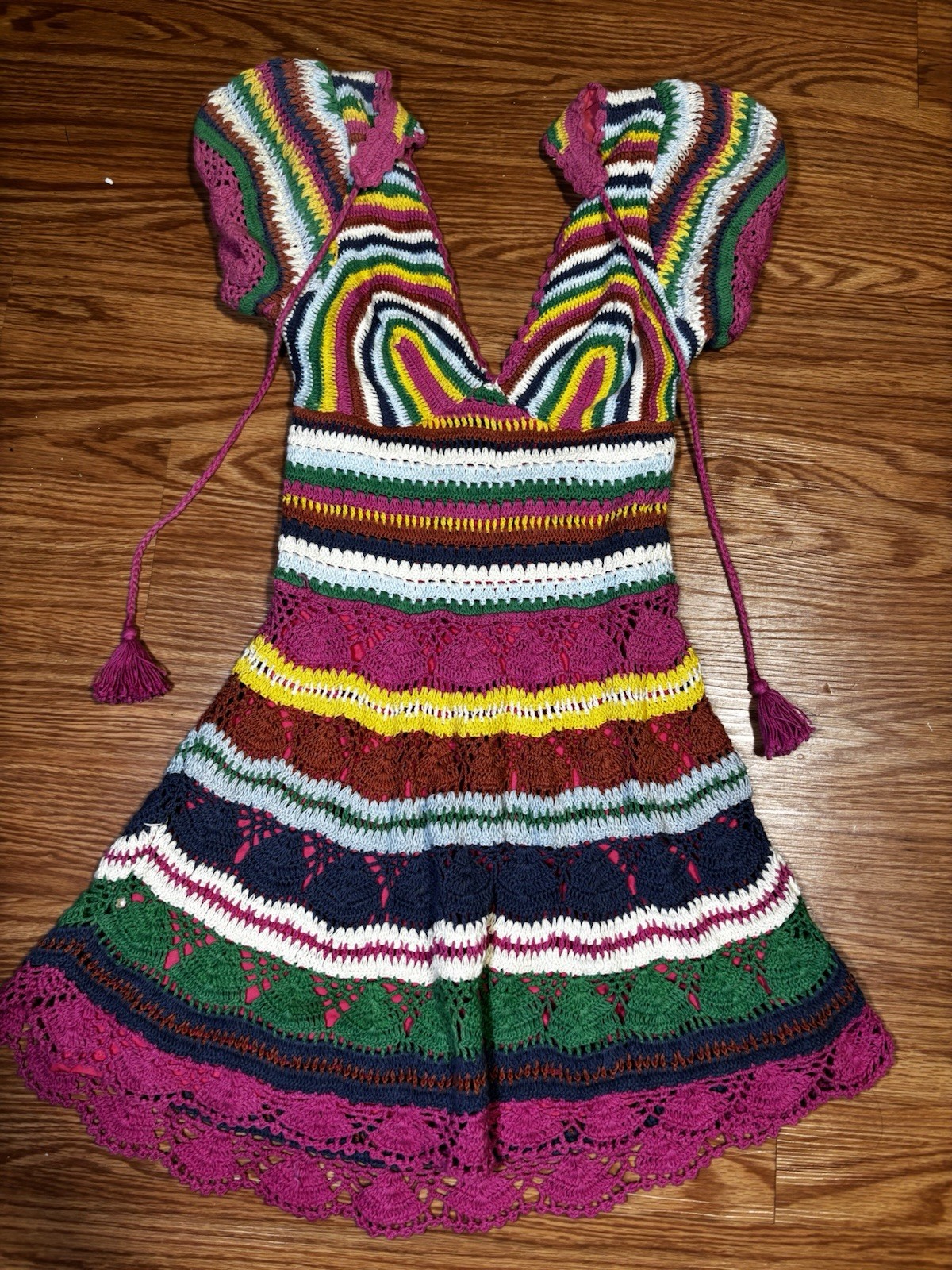 Love the Label Multicolor Striped Crochet V-Neck Puff Sleeve Mini Dress XS