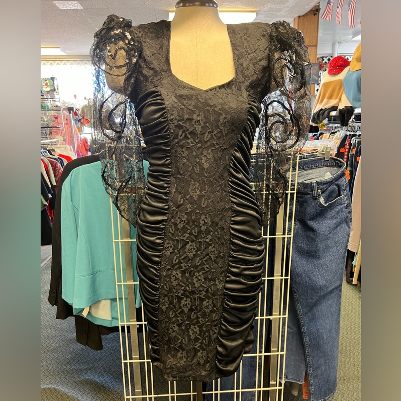 80s Mayvens of California Black Ruched Bodycon Dress Sheer Sequin Puff Sleeve 3