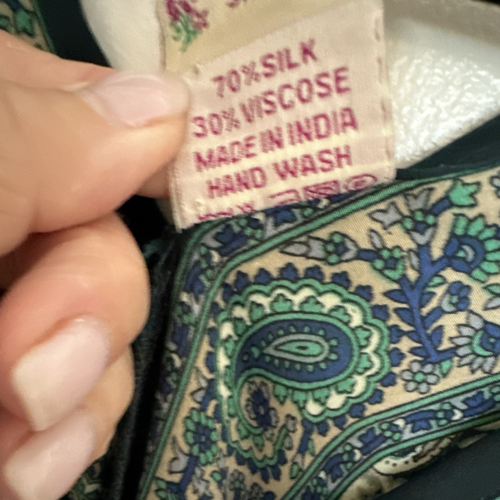 Swarna Silk Viscose Chiffon Paisley Blue Green V-Neck Long Kaftan One Size
