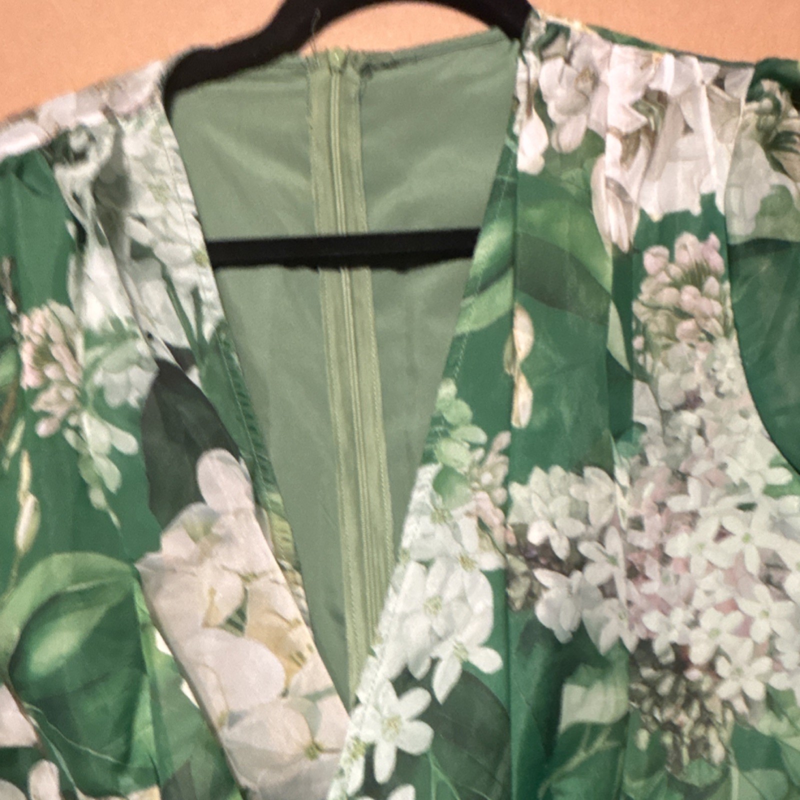 Green White Floral V-Neck A-Line Short Tie Belt 3/4 Sleeve Dress S