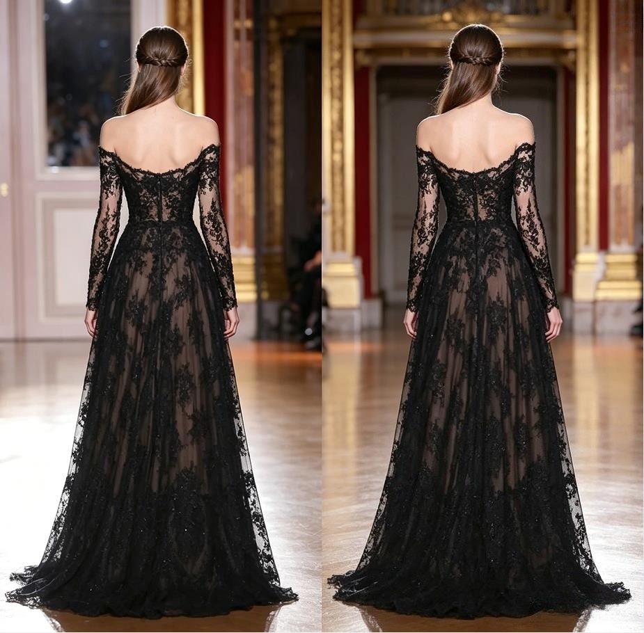 New Evening Gowns Long Sleeves A-line Sheer Black Lace Applique Train Ball Dress
