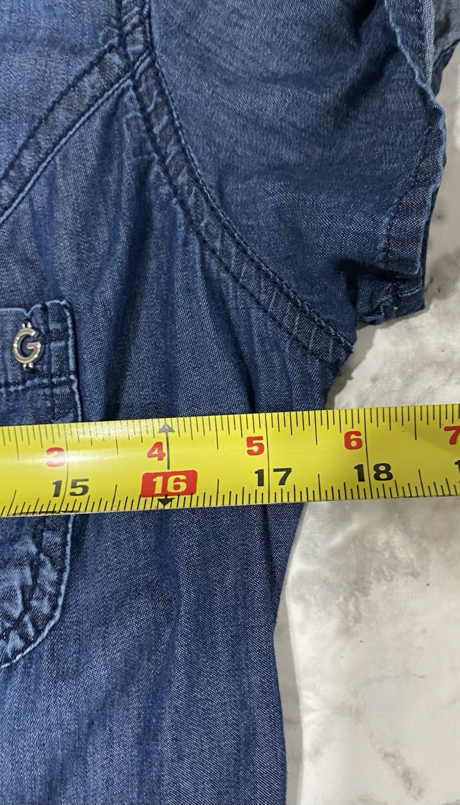 G By Guess Lightweight Chambray Denim 1/4 Zip Short Sleeve Dress Roll Sleeves