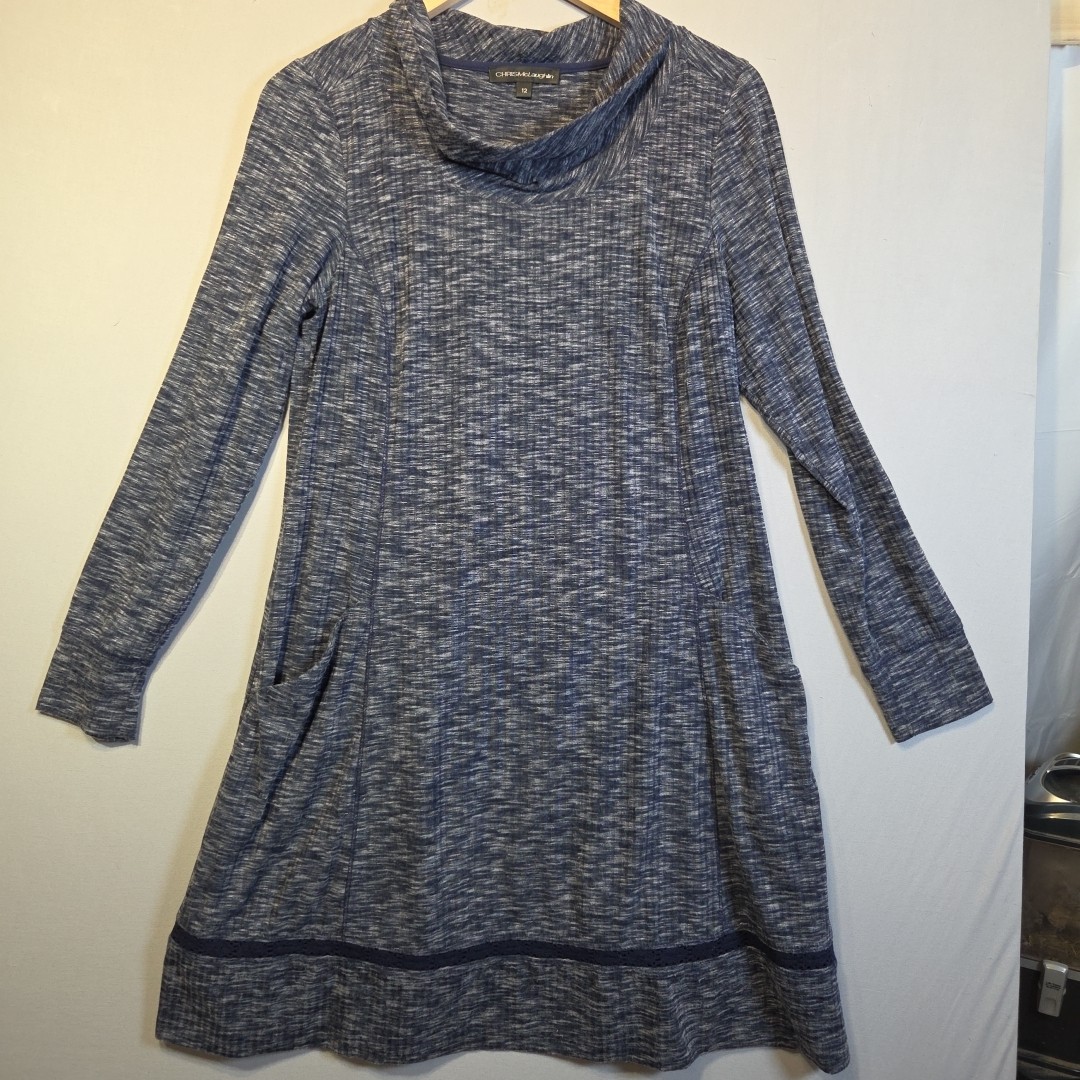 CHRIS McLaughlin Womens Size 12 Blue Space Dye Knit Dress Cowl Neck Pockets
