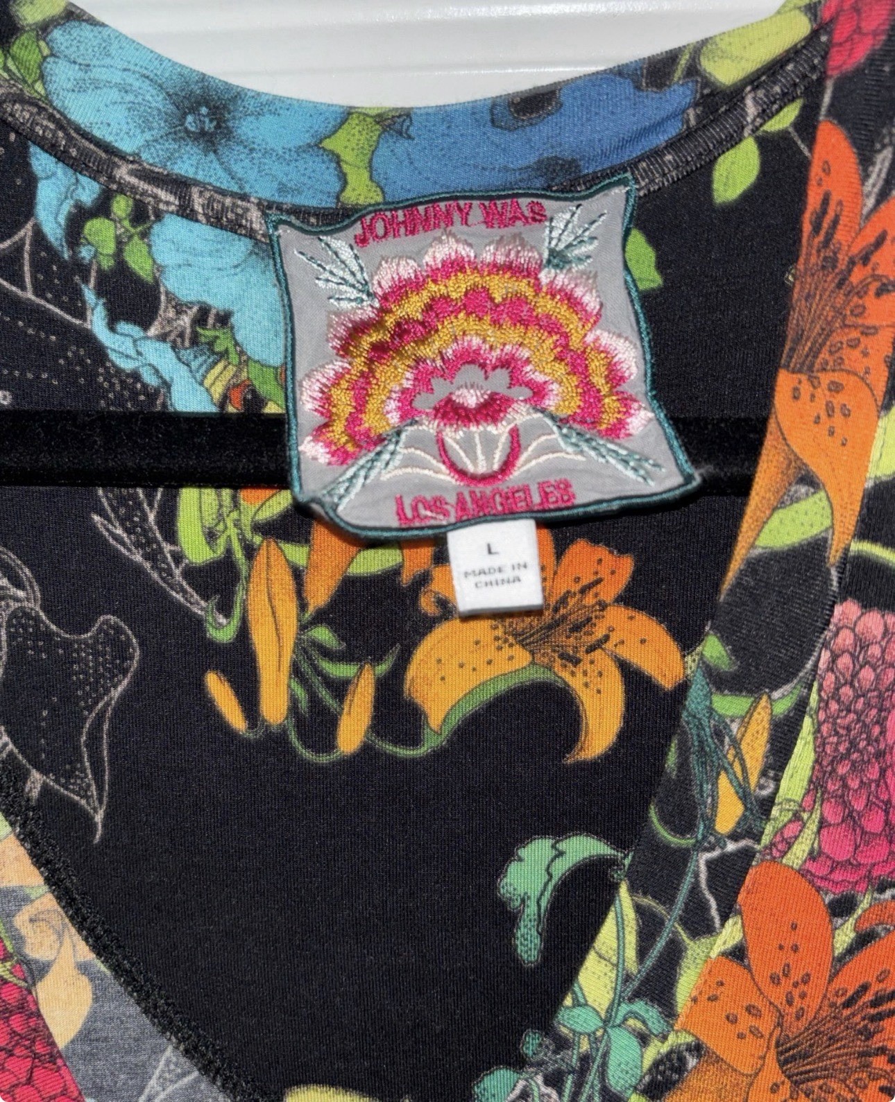 JOHNNY WAS NERO SEQUENCE TIERED TEA Floral MIDI Dress Black WOMEN Large Jersey