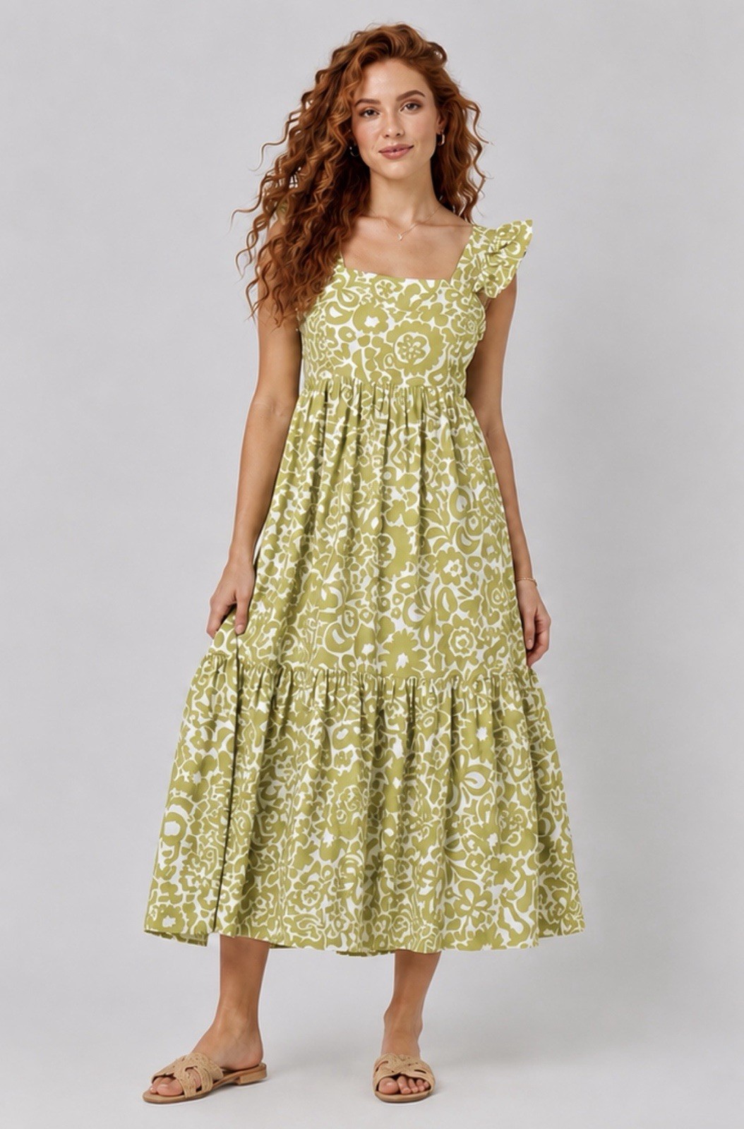 Chartreuse Boho Floral Cotton Midi Dress S Open Bow Back Ruffled Cottagecore NWT