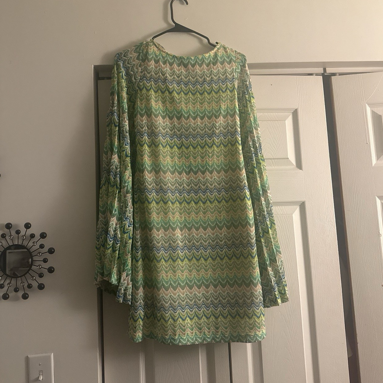 Women’s Green Multicolor Chevron Shift Dress Tie Accent Long Bell Sleeve xl