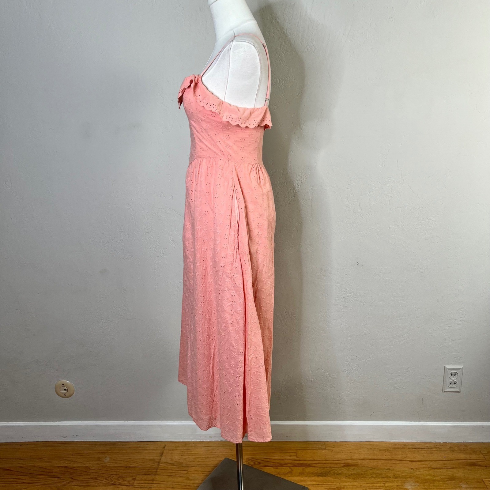 Lulus Peach Pink Eyelet Cotton Midi Dress Ruffle Sweetheart Bustier Pockets S