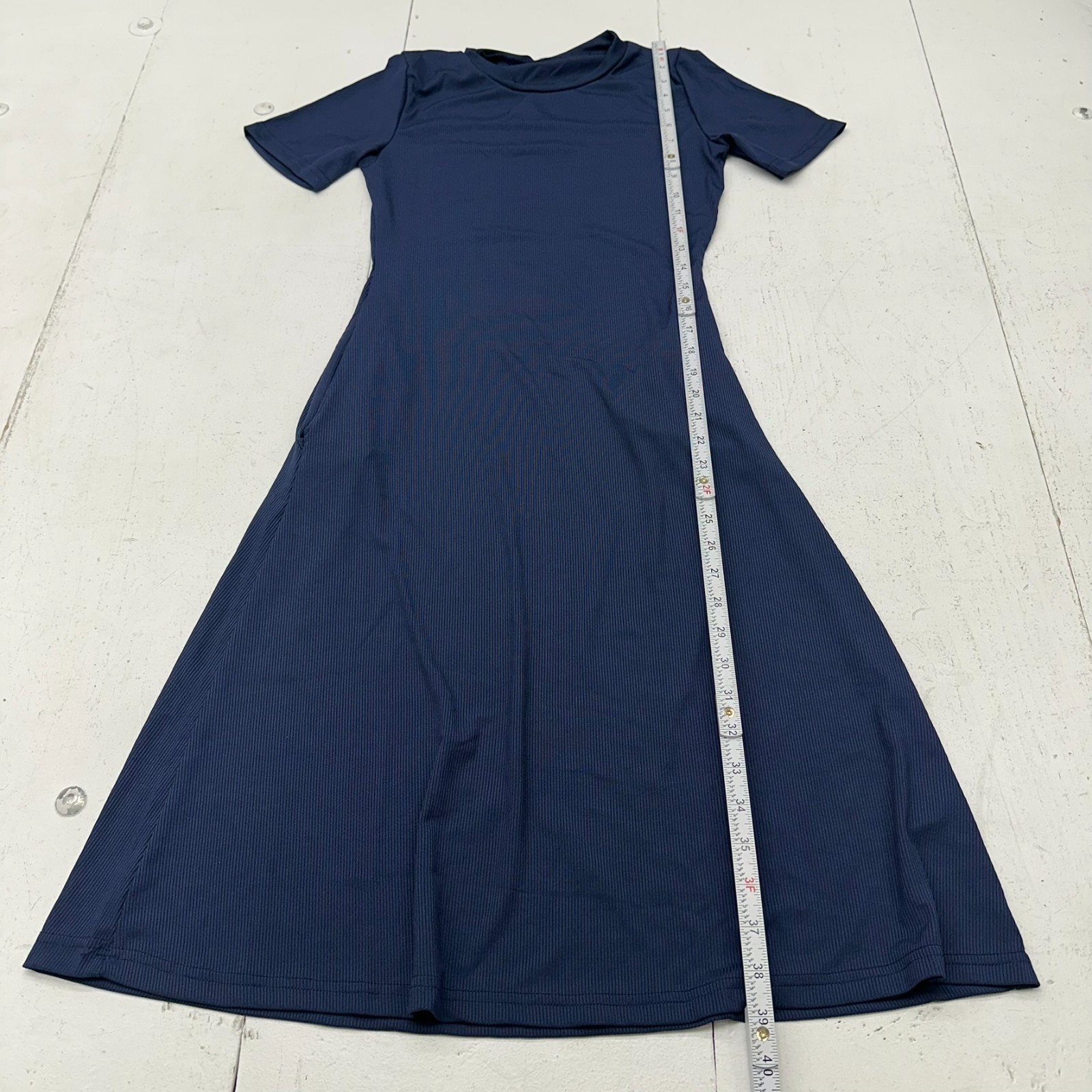 Navy Blue Solid Soft Short Sleeve Crew Neck Pocketed Dress Women’s Size Medium