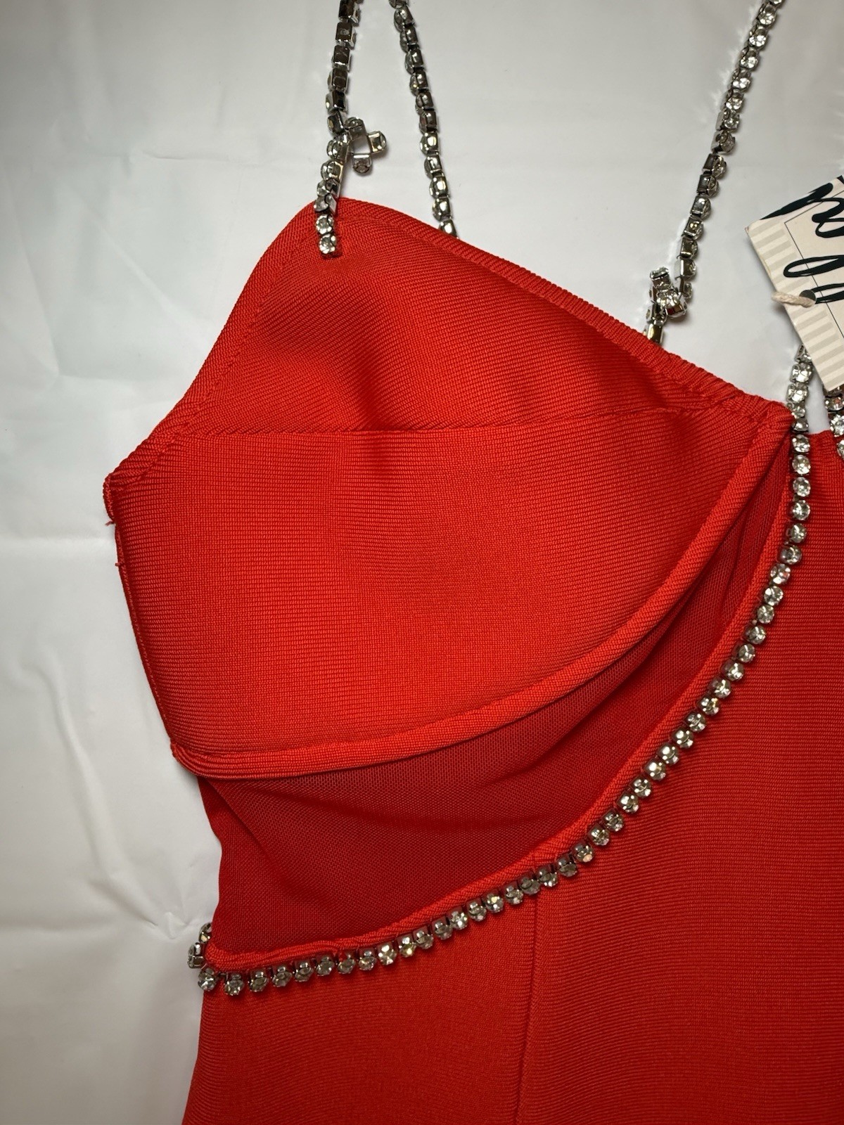 Bella Barnett Red Rhinestone Chain Strap Maxi Dress Sweetheart Neck Polyester L