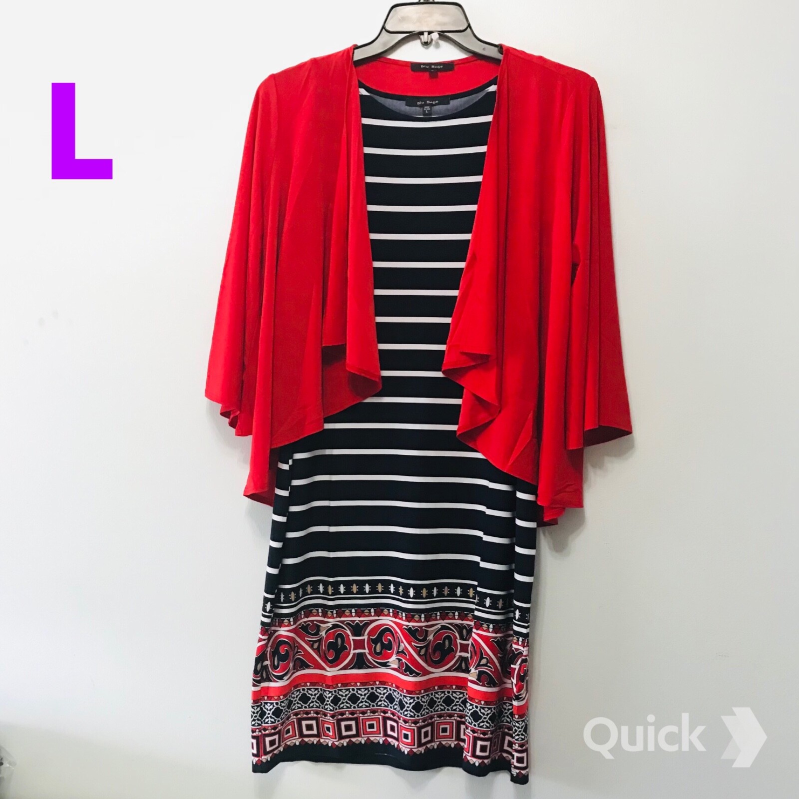 L – New 2 pcs Blu Sage Red Jacket w/ Stripe Border Dress Set
