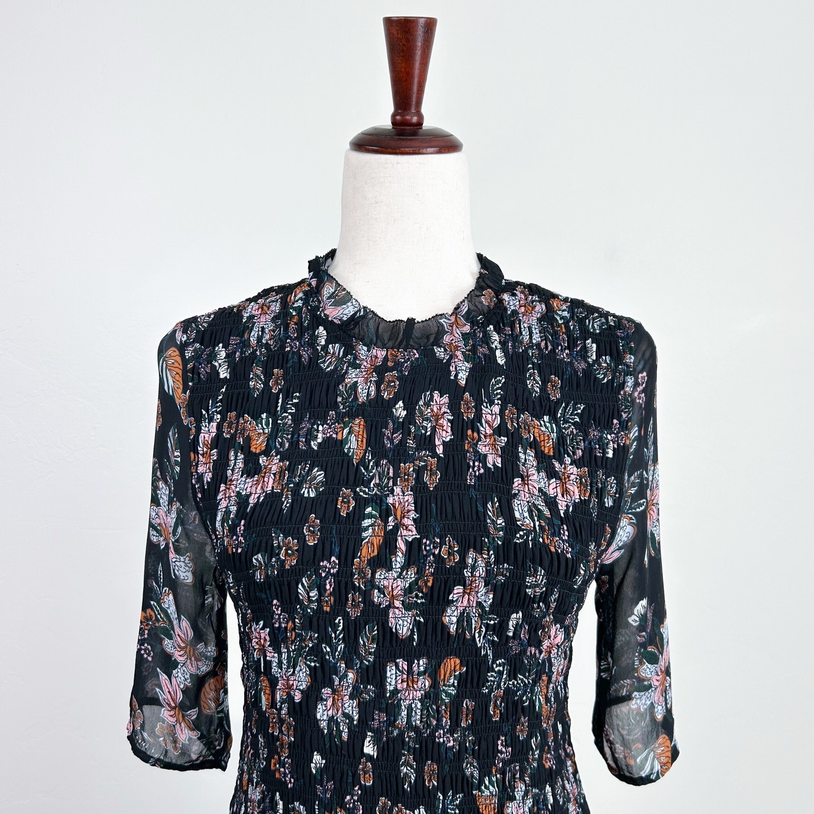 Veronica Beard Gabi Black Floral Chiffon Drop Waist Smocked Midi Dress SIZE 6