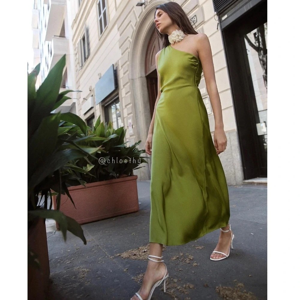 NWT Zara Olive Green Satin Effect Asymmetric Midi Dress Size XL