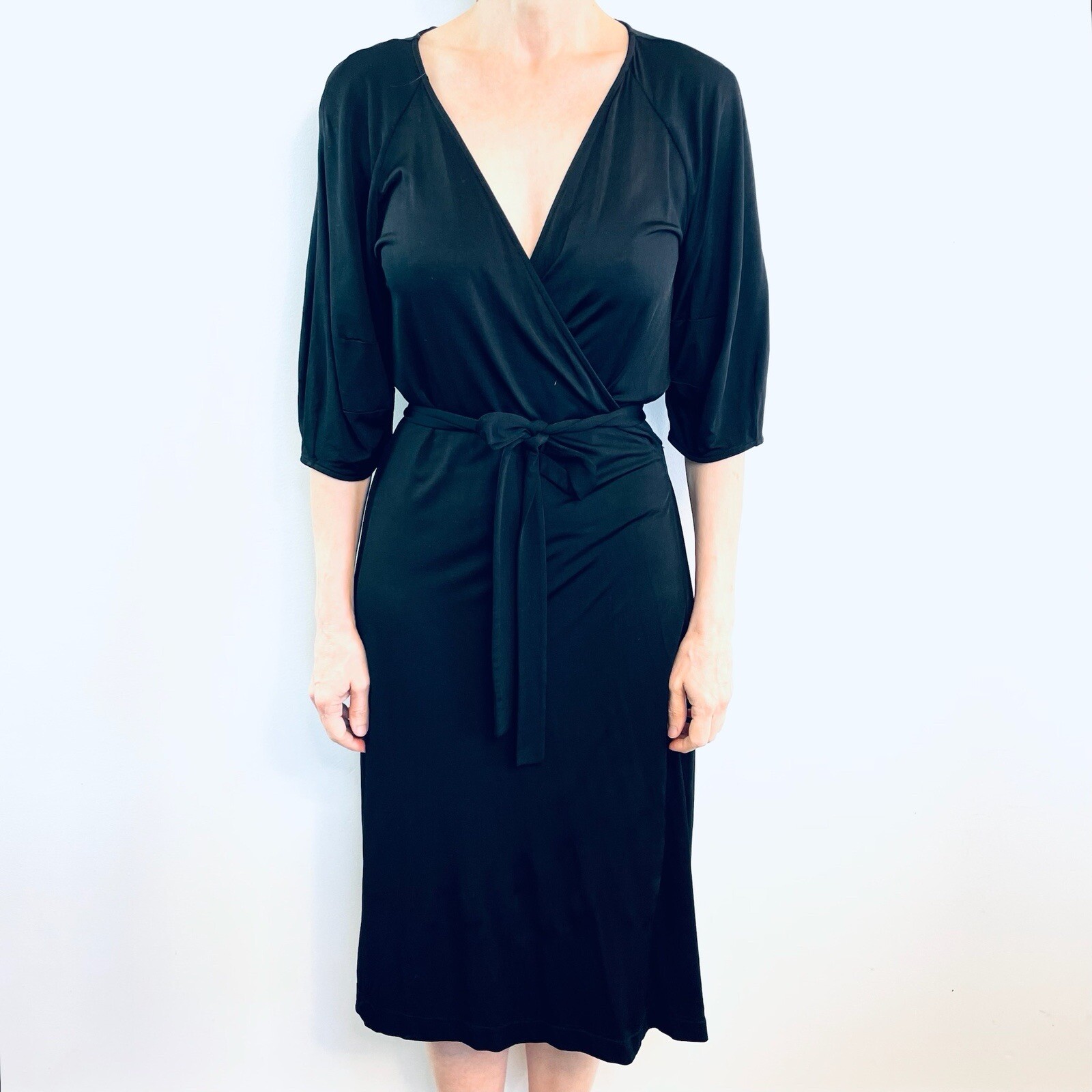 Filippa K Size L 14 Black Sleeveless Knee Lenght Wrap Midi Dress