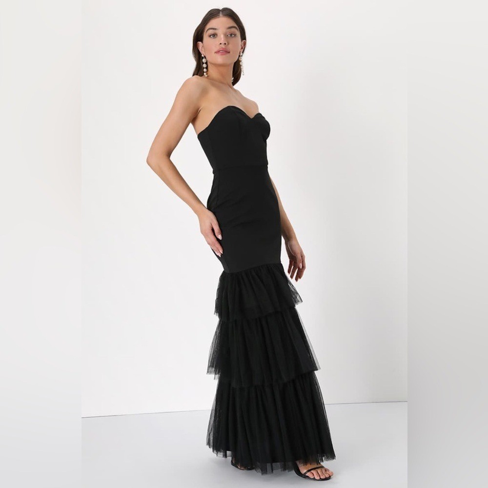Women’s Lulus Dramatic Fanatic Black Strapless Tulle Trumpet Maxi Dress Size XS