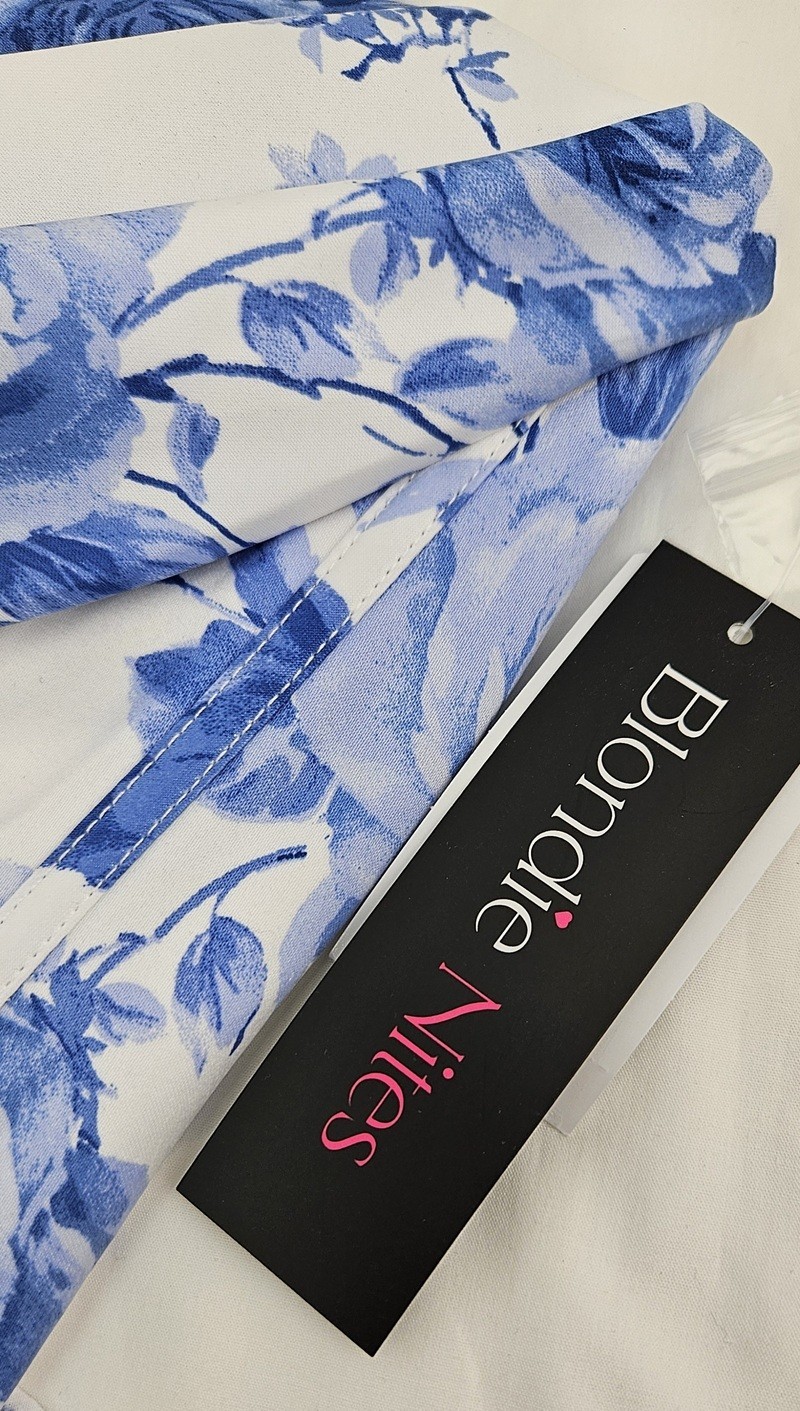 Blondie Nites Juniors’ Printed Corset Tiered Ruffle Gown Dress Size 11 Blue