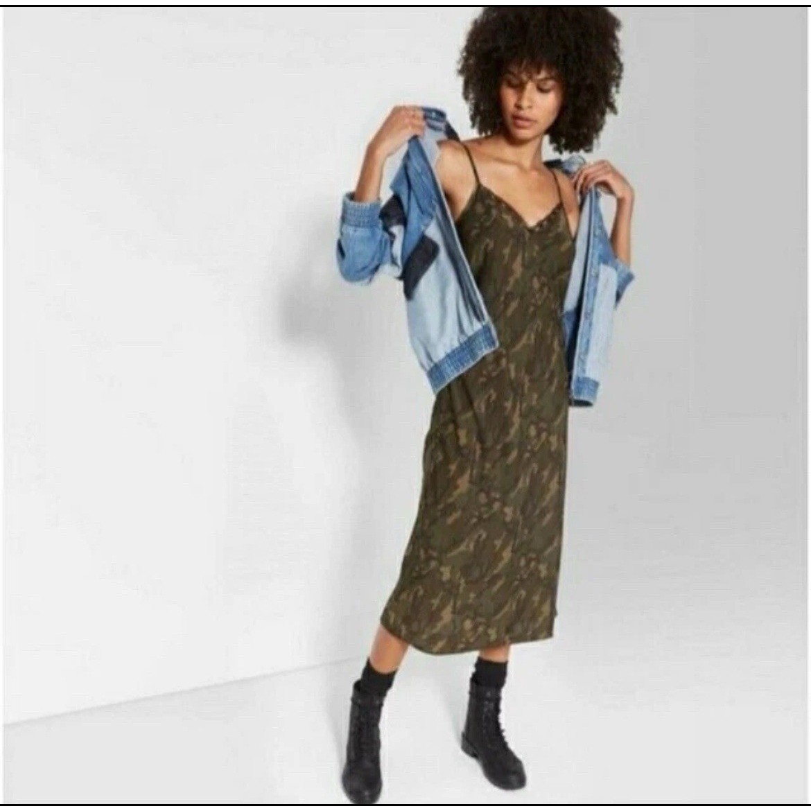 Wild Fable Camo Midi Slip Dress S Green Lace Trim Grunge Festival Military
