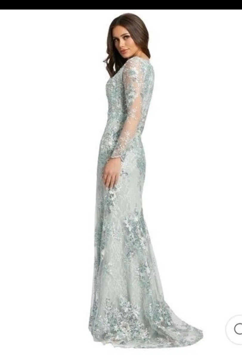 Mac Duggal V Neck Illusion Long Sleeve Embellished Evening Gown Seamist Size 20