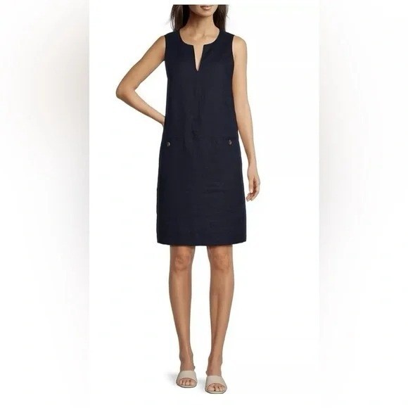 J. McLaughlin LG Linen Split Round Neck Sleeveless Besom Pocket Shift Dress