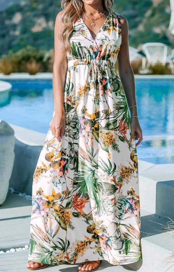 NWT Cupshe Maxi Dress Short Sleeve Floral Size Large White Yellow Green