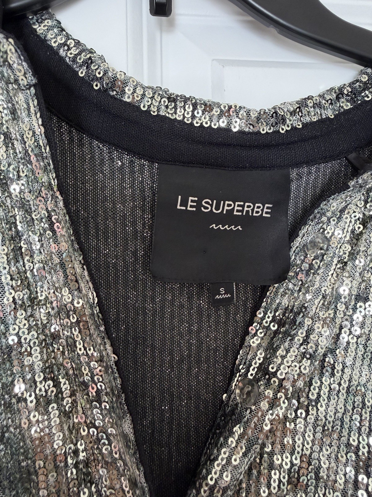 Le Superbe S Silver/Black Sequin Mesh Collared Button Front Maxi Long Dress